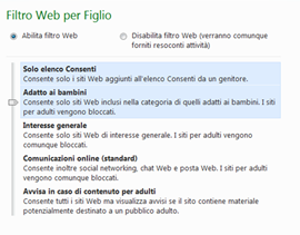 Impostazioni filtro web per il minore