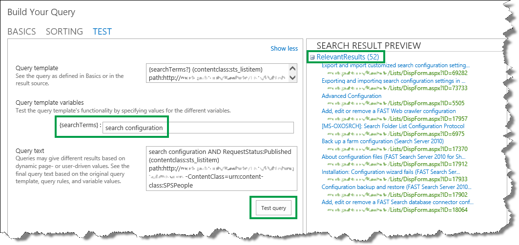 Test specific query for result source